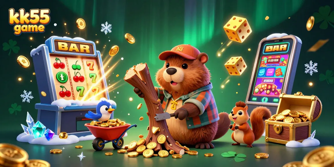 Experience the excitement of kk55 game with vibrant 3D illustration of animated casino characters and jackpot elements.