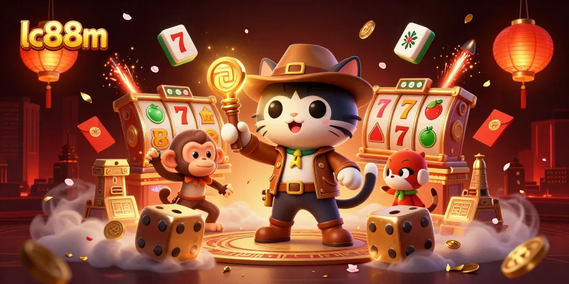 Join the adventure with lc88m's archaeologist cat and monkey discovering a golden casino artifact.