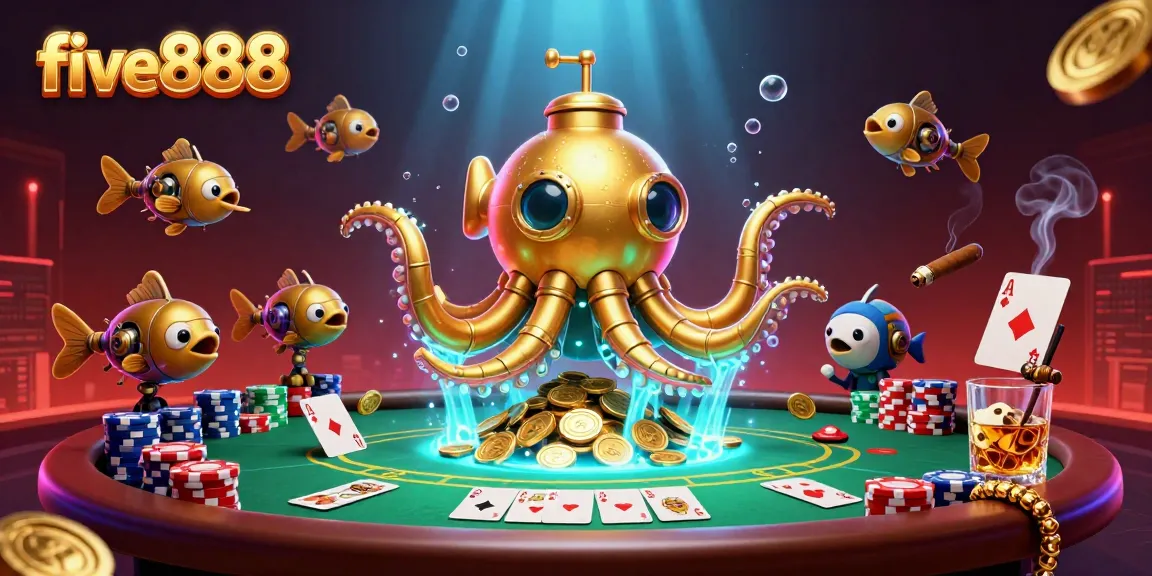 Experience the excitement of five888 in a rich casino scene with a golden kraken submarine among poker elements.