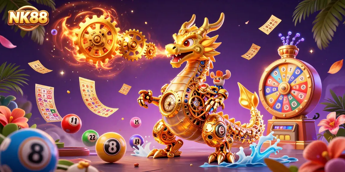 Experience the excitement of NK88's gaming universe with a dynamic illustration of a golden dragon and lottery elements.