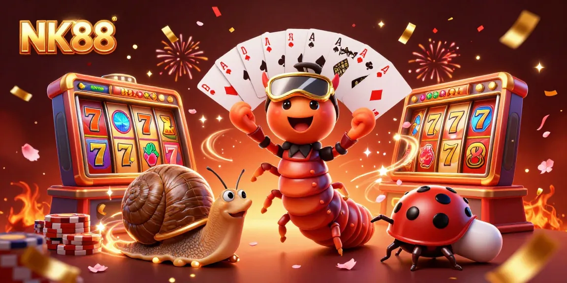 Spin to win with NK88's vibrant casino scene, featuring colorful slot reels and lively characters.