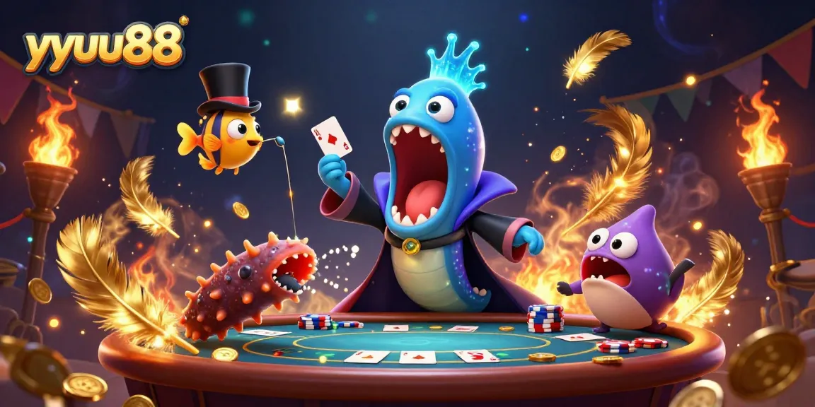 yyuu88 entertains with card tricks in a vibrant underwater casino scene filled with poker elements.