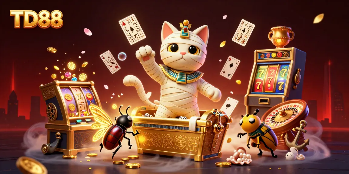 Experience exciting games at TD88, featuring dynamic mummy and scarab character in a vibrant casino scene.
