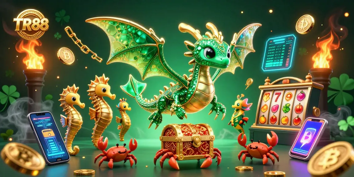 Engage with TR88 in a vibrant casino setting featuring a sea dragon, treasure chest, and glowing coins.