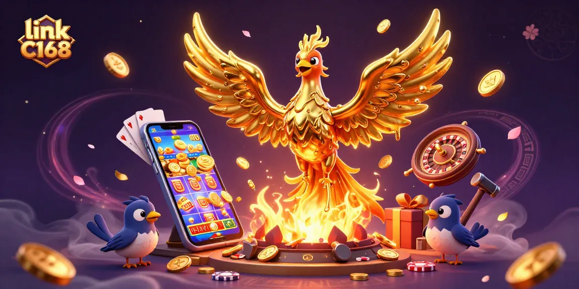 Experience excitement with link C168 in a vibrant casino-themed digital illustration showcasing golden elements and dynamic gaming action.