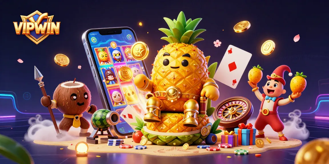 Engage with VIPWIN: Join the thrilling beach casino adventure with golden pineapple king and gaming elements!