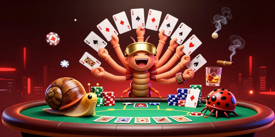 Engage in exciting card games at luck8 with dynamic 3D animation of a millipede dealer and vibrant casino elements.
