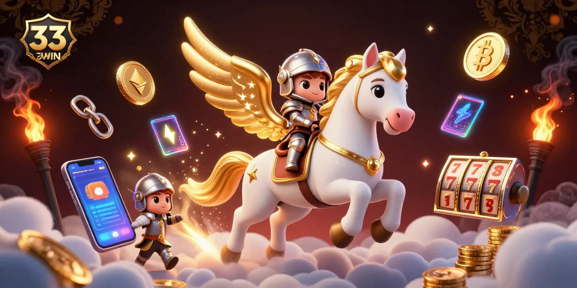 Experience thrilling gaming action with 33WIN and a majestic horse soaring through the clouds.