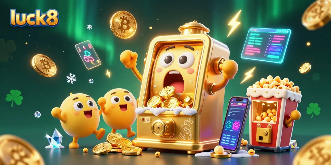 Win big at luck8 with a lively jackpot celebration featuring animated slot machines and crypto coins.