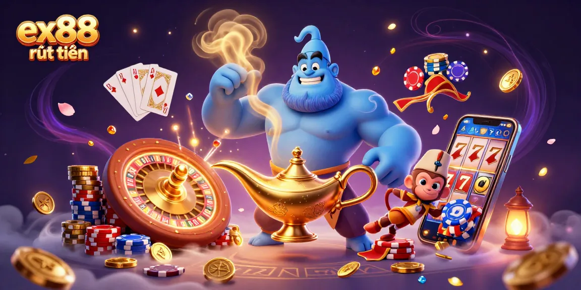 Experience ex88 rút tiền with a magical scene of a genie, poker chips, and golden coins cascading!